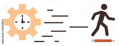 Gear clock, motion lines, walking person, and pencil conveying time, efficiency, focus, planning, and goal achievement. Ideal for productivity workflow efficiency deadlines focus planning