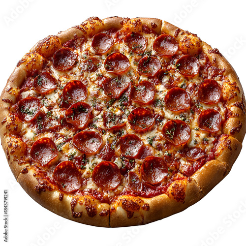 Pepperoni pizza overhead view with melted cheese