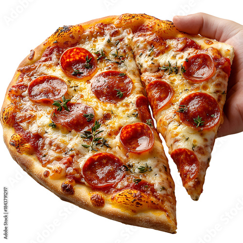 Pepperoni pizza slice held by hand food photography