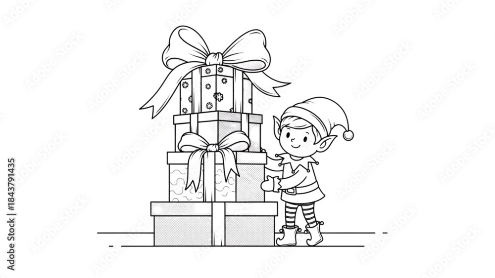 Fototapeta premium Elf Stacking Colorful Presents Coloring Page with Oversized Bow in Simple Cartoon Line Art.svg