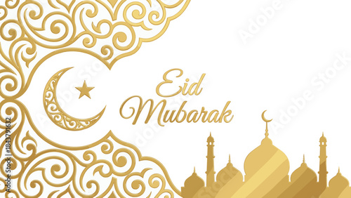 Eid Mubarak greeting card, golden crescent moon, mosque silhouette, festive Islamic design, elegant celebration artwork, religious holiday