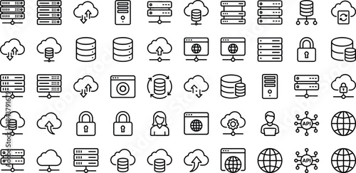 Cloud computing icons, data storage, cybersecurity, global network, API, internet technology, black and white line symbol set