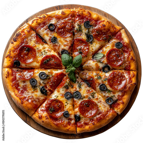 Pepperoni pizza with toppings on wooden plate