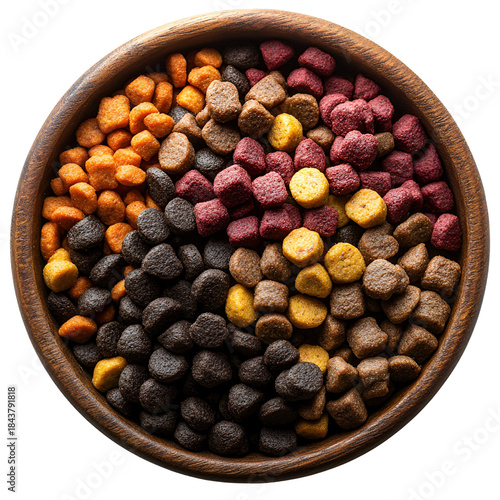 Pet food variety in bowl top view healthy mix for animals