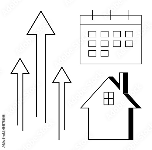 Real estate, economic growth, planning, home investment, market trends, financial analysis. Black outlined arrows, a house and a calendar. Real estate and planning concepts