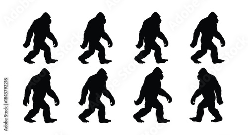 Silhouettes of bigfoot a collection of walking sasquatch figures in dark shapes