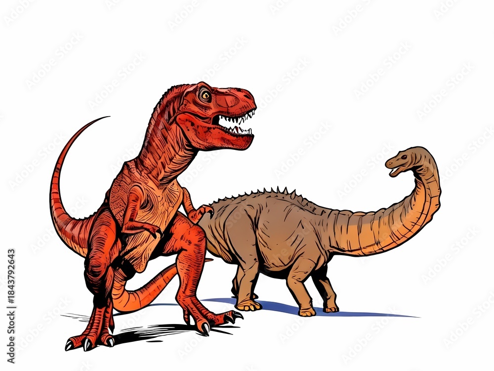 Fototapeta premium realistic toys tyrannosaurus apatosaurus stand side by side illustration