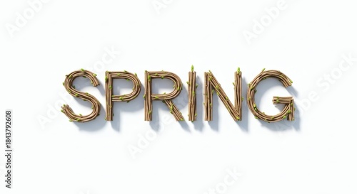 Letters spelling SPRING, made from sprouts, new tree shoots or twigs with buds on white background. Season set, changing weather, renewal and awakening in springtime