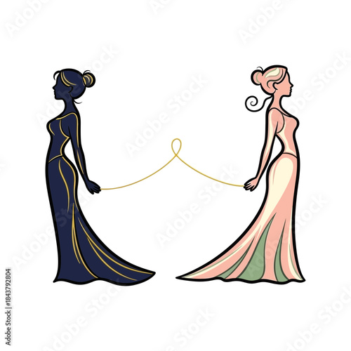 A stylized illustration depicting the duality of two women, one dark and one light, connected by a symbolic golden thread.