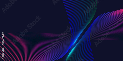 Dark abstract background featuring glowing, flowing wave lines in blue red color gradient. Futuristic design with shiny, smooth motion, perfect for technology-inspired visuals. Vector illustration.