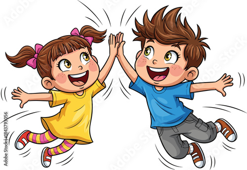 Joyful cartoon children jumping and giving a high five, happy playful kids celebrating together, fun cheerful illustration for education and kids content