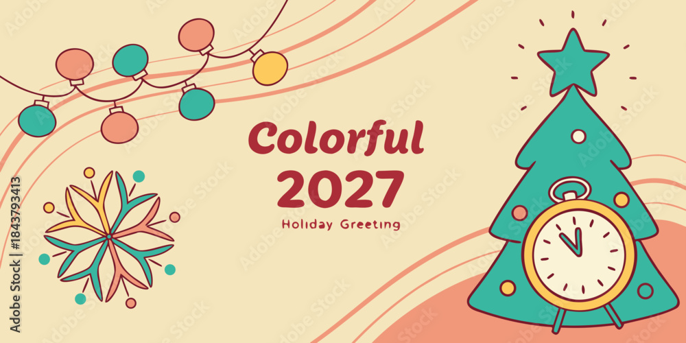 Fototapeta premium Colorful 2027 Holiday Greeting Card – Stylized Tree with Clock, Ornaments, Snowflakes & Flowing Pastel Background