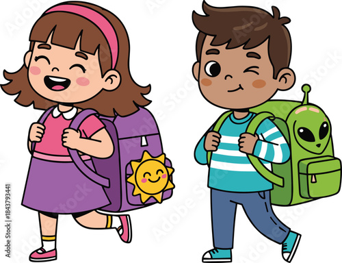 Cute cartoon school children walking with backpacks, happy girl and boy smiling and heading to class, fun education and childhood illustration