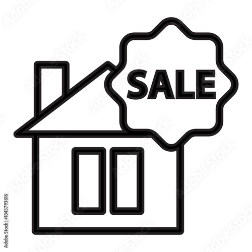Outline drawing of a house with a pitched roof and a chimney with a capitalized word "SALE". The property is being offered for sale on the real estate market, related to advertising materials