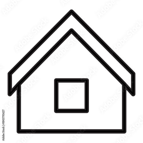 Outline drawing of a classic house with a pitched roof and a prominent, centrally placed square window on the main body. Related to basic residential structure, shelter, or home page navigation