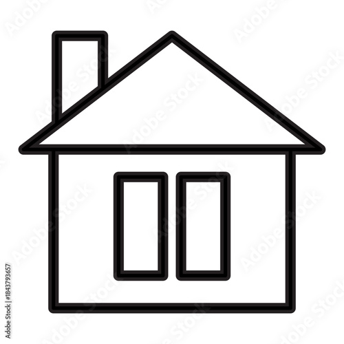 Outline drawing of a classic house with a pitched roof, chimney, and two identical, rectangular windows placed side-by-side. Related to residential structure, property listing, architectural detail