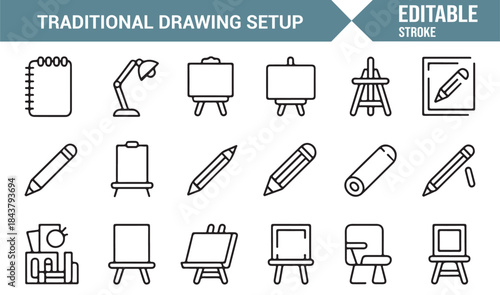 Artist workspace furniture and tools outline icon pack