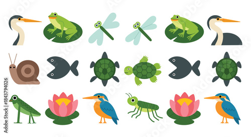 aquatic animals flat icons set featuring marine and water wildlife illustrations, designed in clean vector style, perfect for educational materials, apps, infographics, and ocean-themed design project