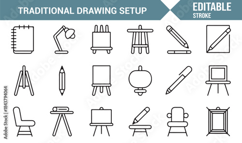 Artist workspace and drawing tools linear icon collection