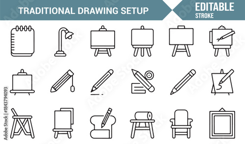 Traditional drawing and art studio outline icons editable vector set