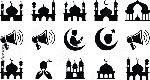 A collection of islamic icons featuring mosque silhouettes and religious symbols for various uses