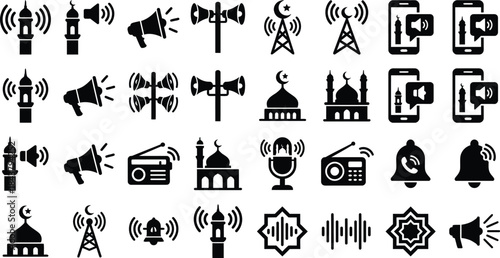 A collection of islamic call to prayer and communication icons set