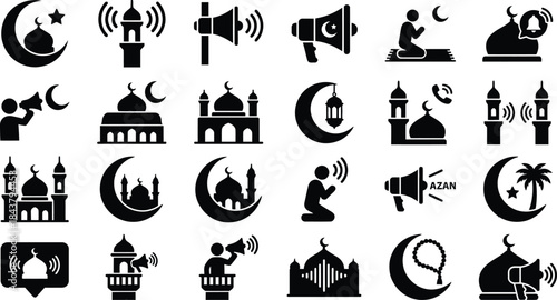 A comprehensive collection of islamic icons featuring mosque, crescent moon, prayer, and adhan symbols