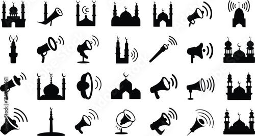 Islamic call to prayer and mosque silhouette icons set for digital use
