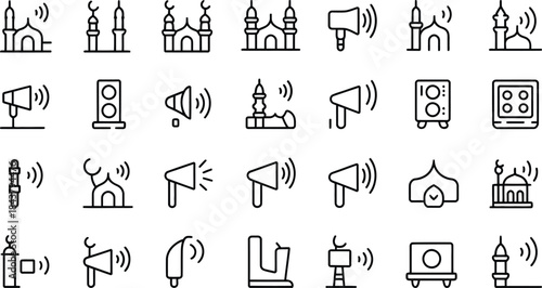 A collection of line icons representing mosques and sound amplification for the call to prayer