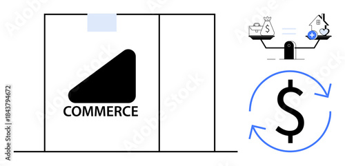Commerce concept. Visualizing commerce with money flow, cashless transactions, and balance in trade. Commerce for e-commerce platforms, business analytics, financial management, retail industries