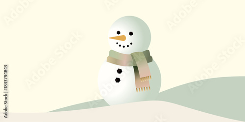 Soft pastel illustration of a snowman standing in a calm winter landscape with gentle hills. Ideal for holiday banners, winter postcards, seasonal websites, cozy backgrounds, Christmas storytelling