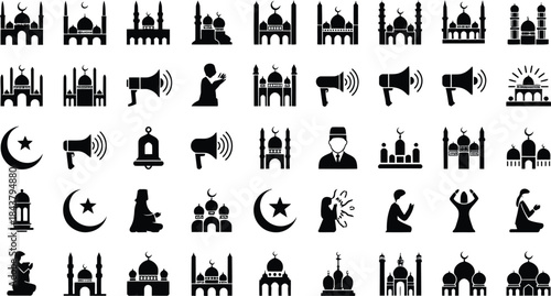 Islamic icon set featuring mosques, praying people, and religious symbols