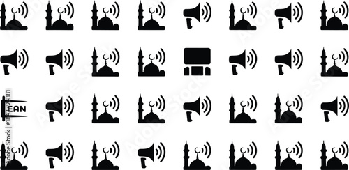 Islamic call to prayer and mosque icon set with megaphone symbols in a grid pattern