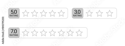 Gray outline star rating systems with numerical scores 5 star 3 star and 7 star On Transparent Background