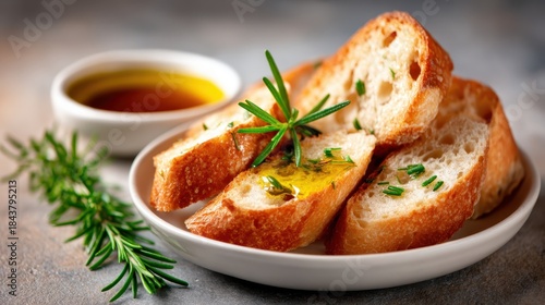 A delectable composition featuring freshly baked bread drizzled with olive oil, herbs finely placed, perfect for a culinary delight celebrating the essence of Mediterranean cuisine.