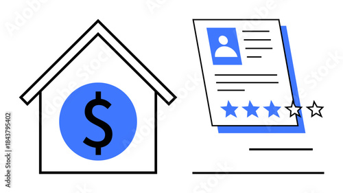 House outline with dollar sign and customer review sheet featuring profile and star ratings. Ideal for real estate, investment, financial planning, property evaluation, mortgage, customer feedback