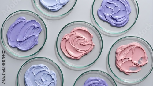 Pastel shades of cream in petri dishes for cosmetic research and beauty product development concept