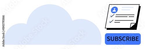 Cloud symbol next to a subscription form with checkboxes and a subscribe button. Ideal for newsletter, online services, SaaS, marketing, user registration, data access, simple flat metaphor