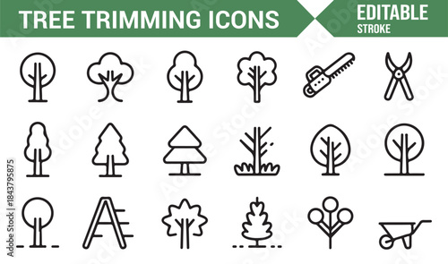 Forest and garden tree trimming outline vector set