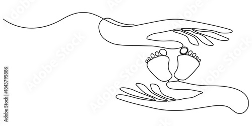 One continuous line drawing of baby kid hand holding mom dad parents hands. son daughter grab mommy daddy hand. family doodle outline art line vector illustration