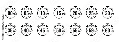 Black Stopwatch Timer Icons 0 to 60 Seconds clock On Transparent Background