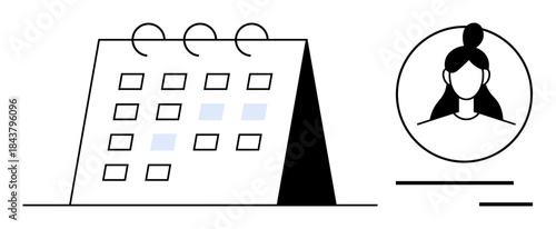 Time planning, scheduling tools, human resources, productivity, identity management, personal organization. Minimalist black-and-white calendar with user profile icon. Time planning and scheduling