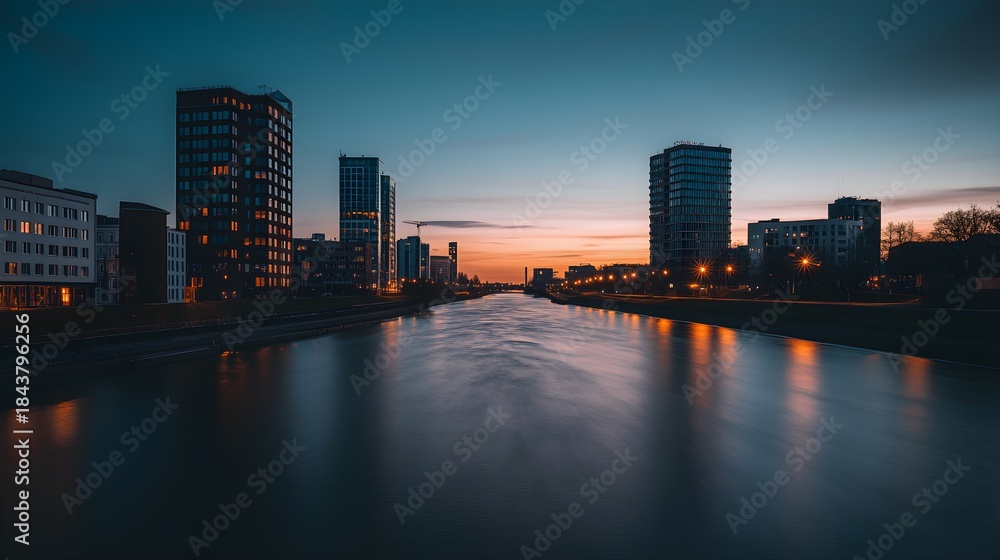 Fototapeta premium Elbe River cityscape at dusk with long exposure water