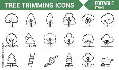 Arborist and landscaping tree care linear icons collection