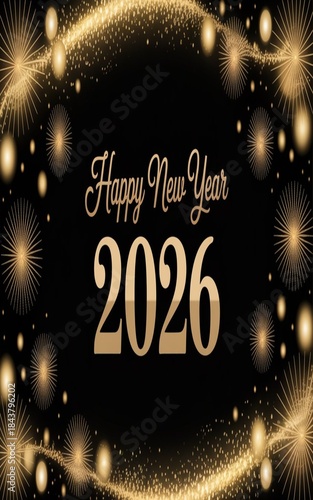 Happy New Year 2026, luxurious golden sparkling background, glowing particles, golden fireworks, soft light bokeh, black premium backdrop, elegant festive design, high resolution