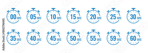 Blue Stopwatch Timer Icons 0 to 60 Seconds clock On Transparent Background