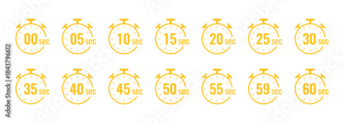 Yellow Stopwatch Timer Icons 0 to 60 Seconds clock On Transparent Background