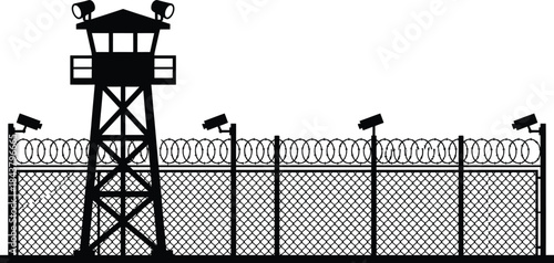 Prison Watchtower and Security Fence Silhouette Vector