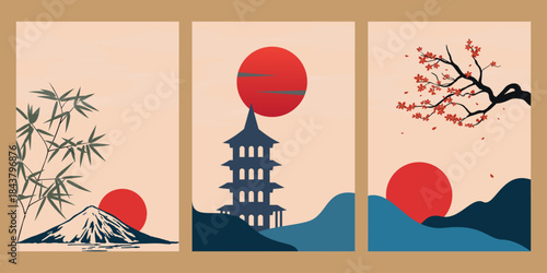 Japanese element illustration with a red tree and a mountain