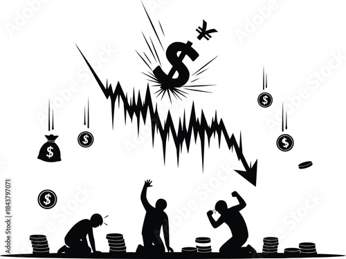 Financial crisis with falling dollar symbol, yen symbol, money bags and distressed people